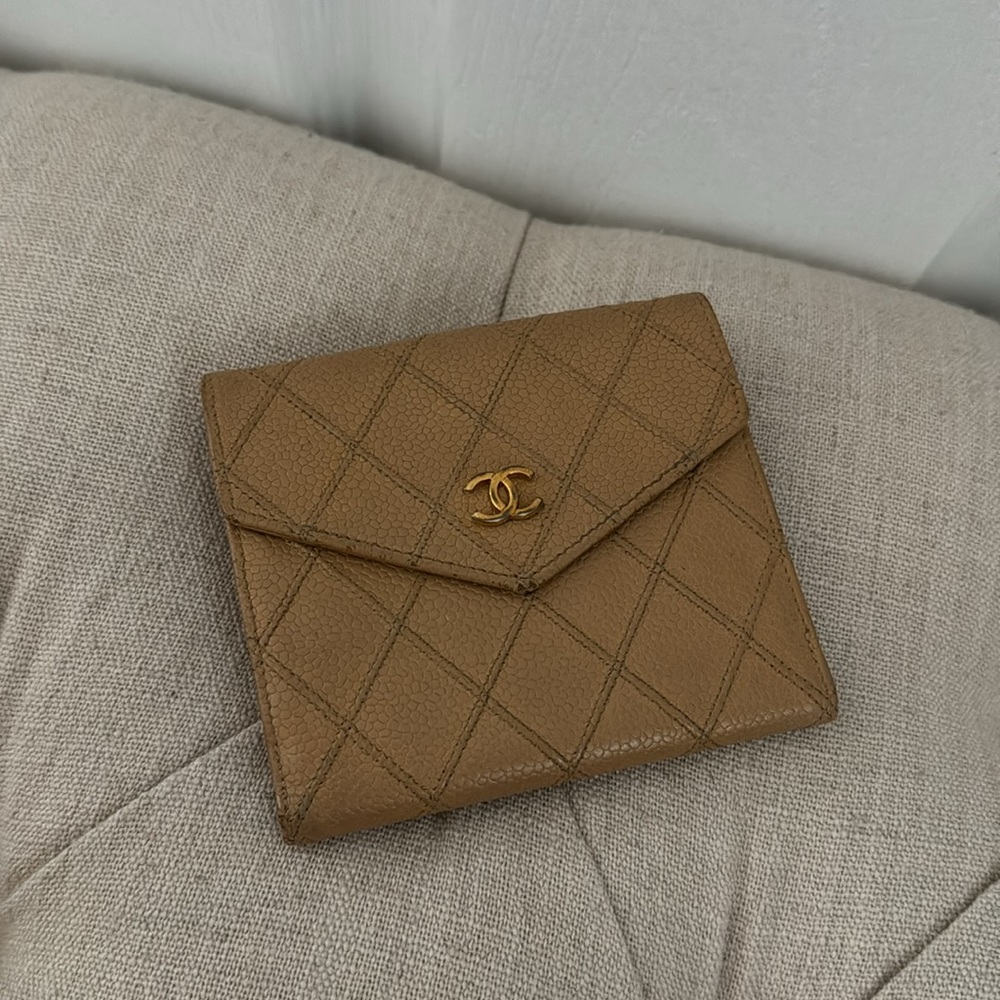 Chanel Beige Quilted Caviar Bifold Wallet